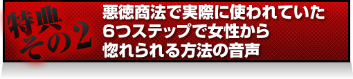特典2 悪徳商法で実際に使われていた6つステップ
で女性から惚れられる方法の音声