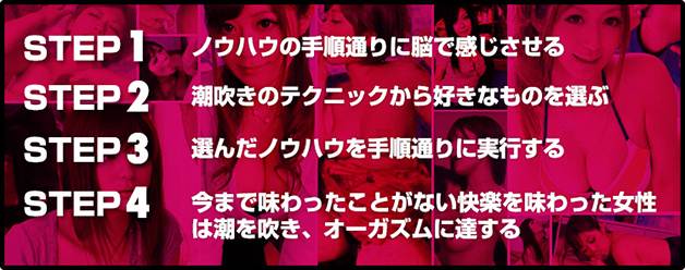 ステップ１ ノウハウの手順通りに脳で感じさせるステップ２ 潮吹きのテクニックから好きなものを選ぶステップ３ 選んだノウハウを手順通りに実行するステップ４ 今まで味わったことがない快楽を味わった女性は潮を吹き、オーガズムに達する